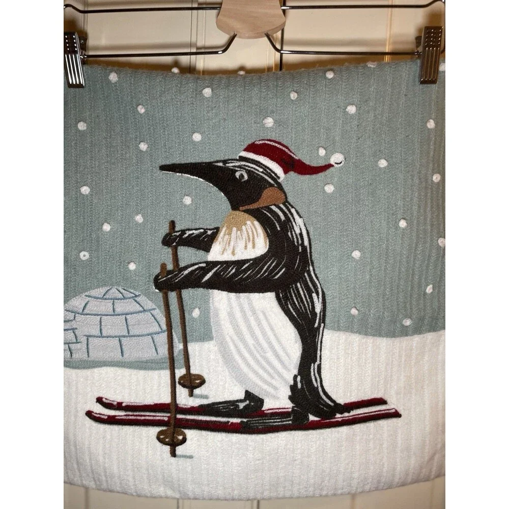 Pottery Barn Christmas Skiing Penguin Crewel Embroidered Pillow Cover Blue 18x18